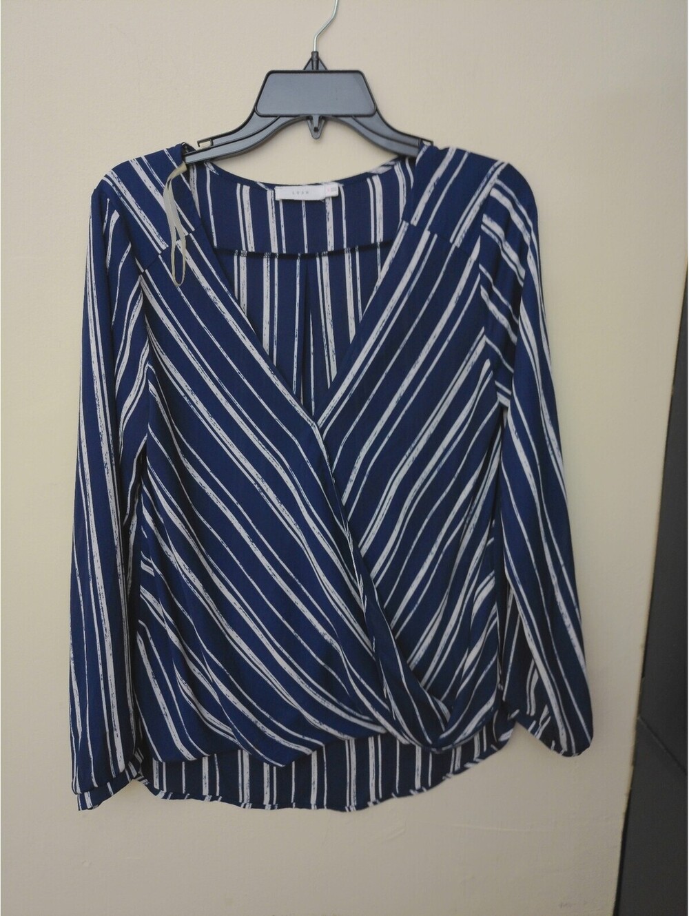 Lush Surplice Blouse Womens Large Navy Blue White Striped Long Sleeveā Top